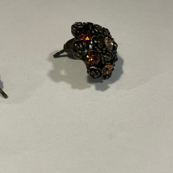 Vintage Brass floral and amber faux stone cluster round pierce earrings - Picture 5 of 11